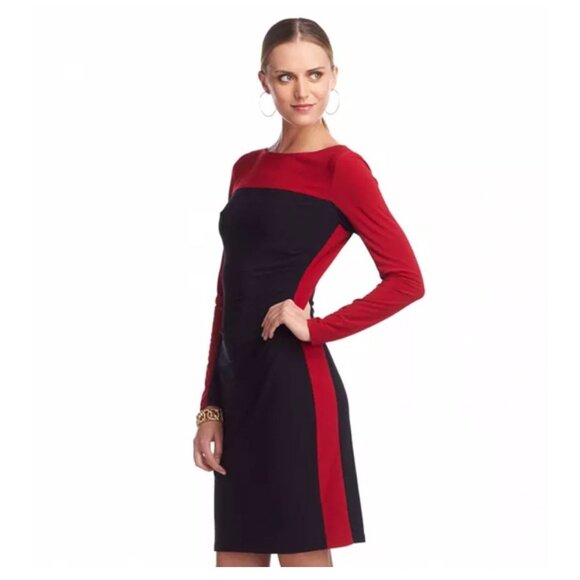 Chaps Red Black Colorblock Ruched Jersey Dress Size 18W 2X Plus Sz Long‎ Sleeve - Picture 1 of 6